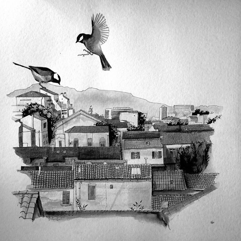 Peinture Les toits de la blancarde par Mü | Tableau Figuratif Urbain Encre