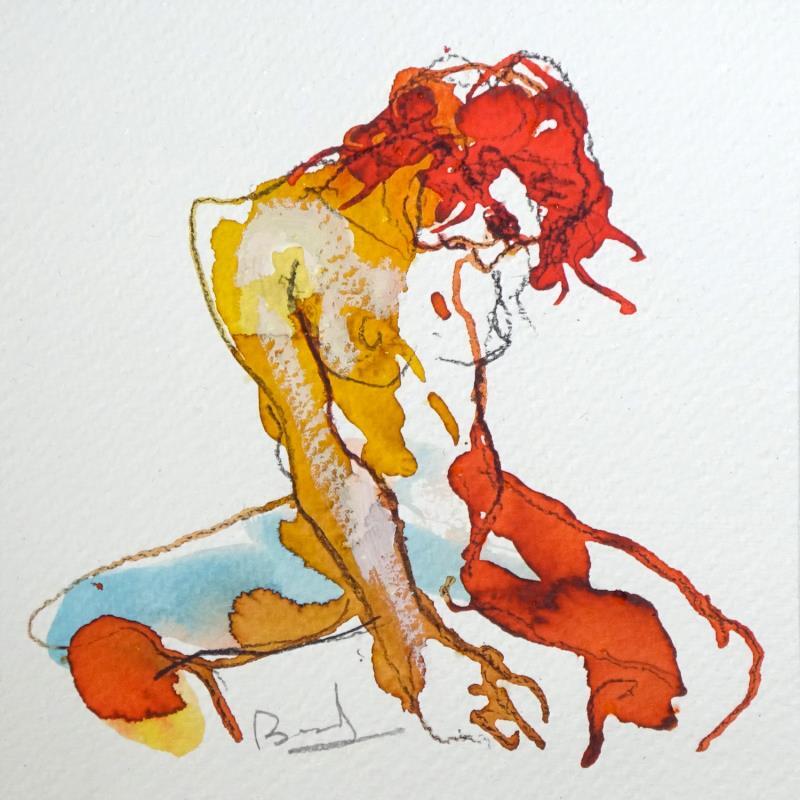 Painting Johanna assise by Brunel Sébastien | Painting Figurative Nude Watercolor