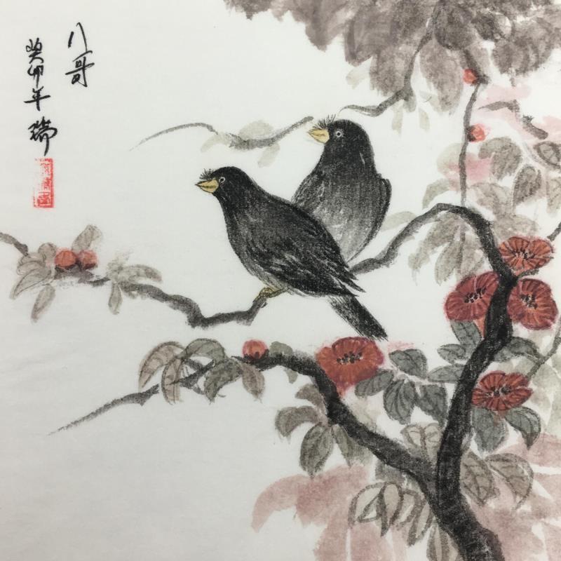 Painting Les deux mainates by Amblard Rui | Painting Figurative Landscapes Animals Watercolor