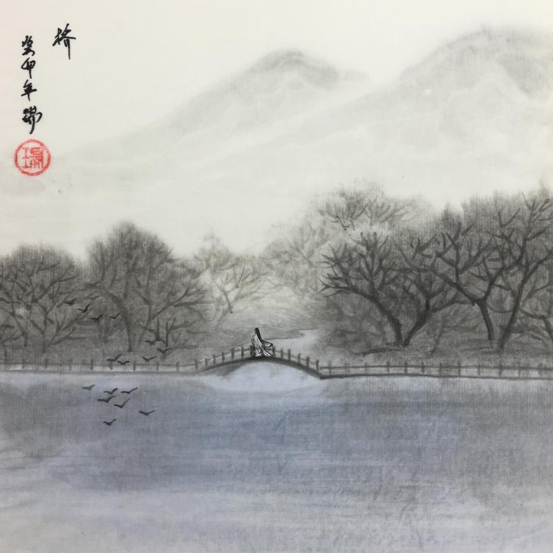 Gemälde L'eau calme du lac von Amblard Rui | Gemälde Figurativ Landschaften Marine Natur Aquarell