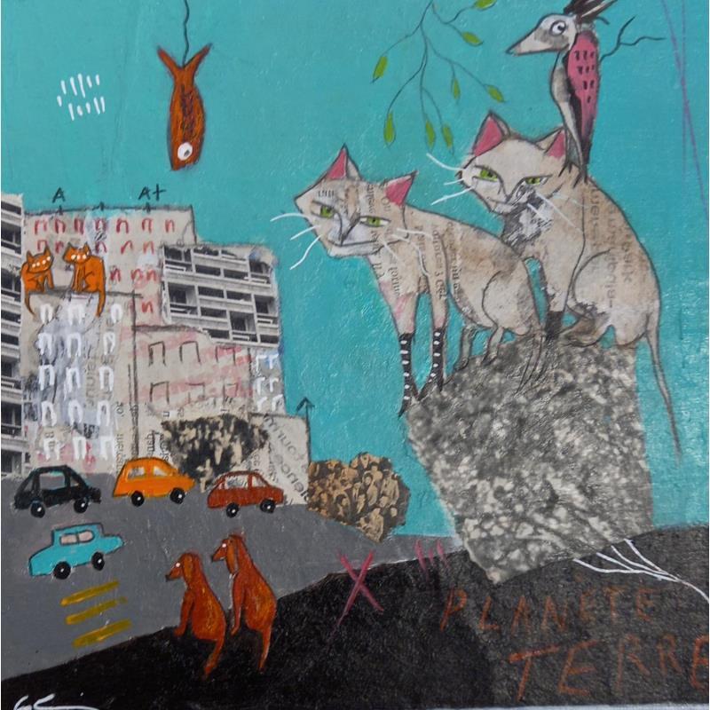 Peinture Planète terre par Colin Sylvie | Tableau Art Singulier Animaux Acrylique Collage Pastel
