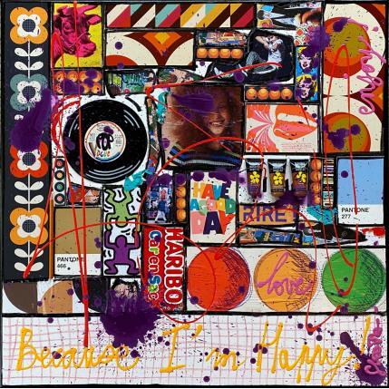 Gemälde Because I'm Happy von Costa Sophie | Gemälde Pop-Art Acryl, Collage, Posca, Upcycling