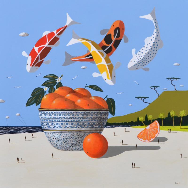 Painting Carpes koï sur la plage by Lionnet Pascal | Painting Surrealism Marine Animals Still-life Acrylic
