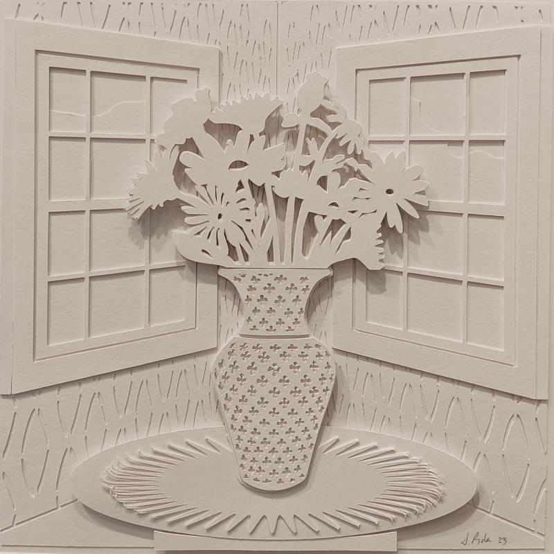 Gemälde Flowers in vase on corner von Ryder Susan | Gemälde Materialismus Stillleben Collage Papier