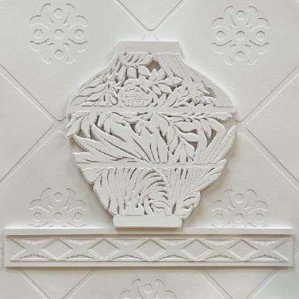 Peinture Vase on a shelf with tiles par Ryder Susan | Tableau Matiérisme Collage Minimaliste, Natures mortes