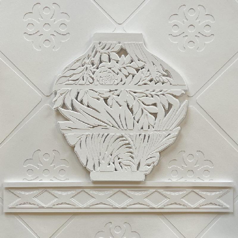 Painting Vase on a shelf with tiles by Ryder Susan | Painting Subject matter Still-life Minimalist Gluing