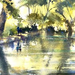 Peinture Marais Lumière par Jones Henry | Tableau Figuratif Aquarelle Paysages, Urbain