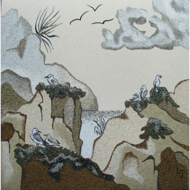 Peinture La falaise aux oiseaux par Jovys Laurence  | Tableau Matiérisme Paysages Marine Animaux Sable
