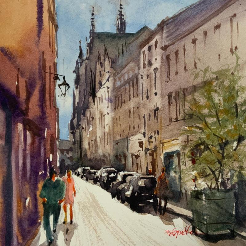 Peinture Au bout de la rue par Seruch Capouillez Isabelle | Tableau Figuratif Urbain Aquarelle