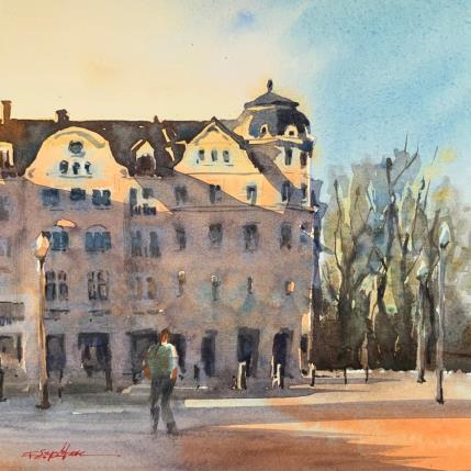 Gemälde Promenade sur la place von Seruch Capouillez Isabelle | Gemälde Figurativ Aquarell Pop-Ikonen, Urban