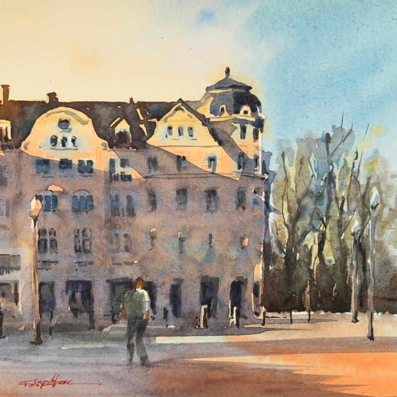 Gemälde Promenade sur la place von Seruch Capouillez Isabelle | Gemälde Figurativ Urban Aquarell