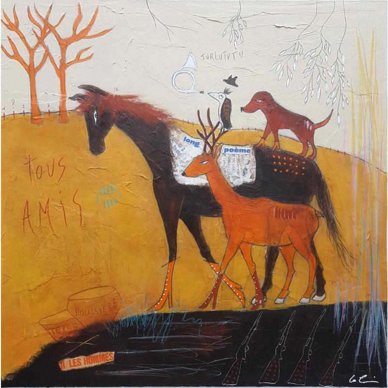 Gemälde Tous amis  von Colin Sylvie | Gemälde Art brut Tiere Acryl Collage Pastell