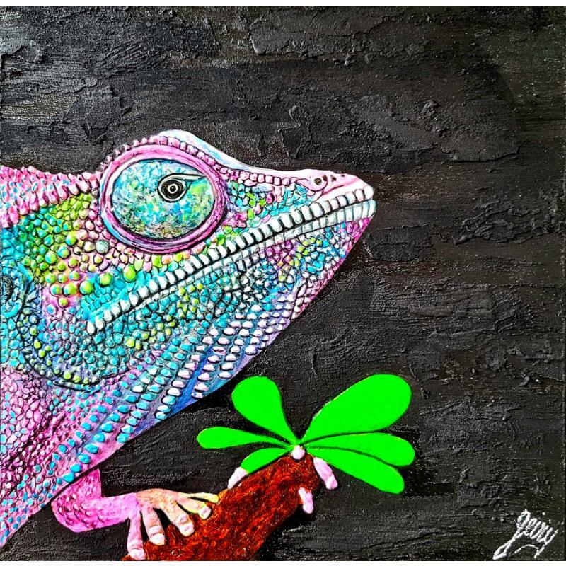 Peinture CAMELEONIDES par Geiry | Tableau Pop-art Matiérisme Nature Animaux Bois Acrylique Résine Poudre de marbre