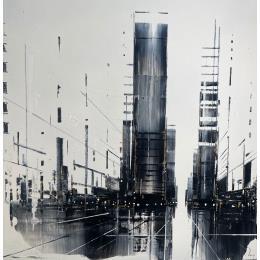 Peinture Shade par Rey Julien | Tableau Figuratif Carton, Feuille d'or, Laque Noir & blanc, Urbain