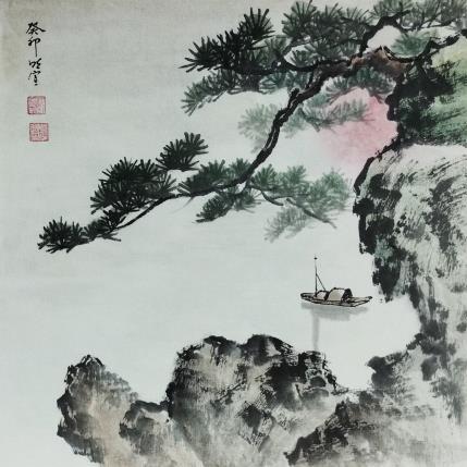 Gemälde Boat, pine tree and rising sun von Du Mingxuan | Gemälde Figurativ Aquarell Landschaften