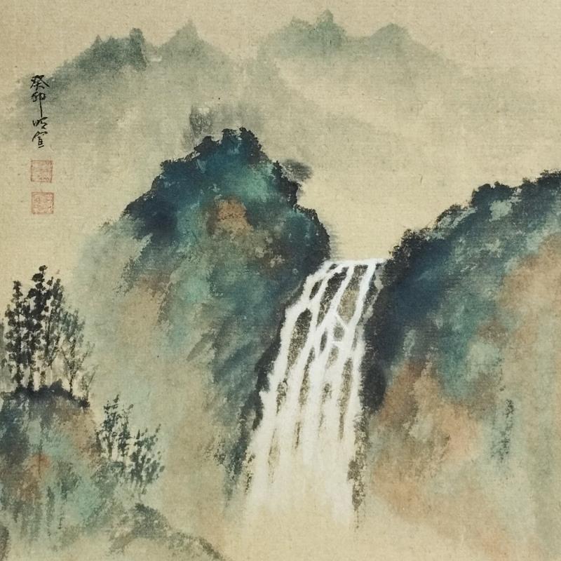 Pintura Waterfall por Du Mingxuan | Pintura Figurativo Paisajes Acuarela