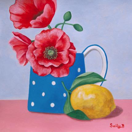 Peinture Coquelicots avec citron par Sally B | Tableau Art Singulier Acrylique Natures mortes
