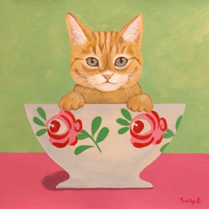 Peinture Chat roux dans un bol vintage par Sally B | Tableau Art Singulier Acrylique Animaux, Natures mortes
