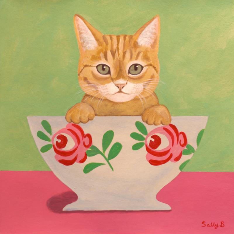Pintura Chat roux dans un bol vintage por Sally B | Pintura Arte bruto Animales Naturalezas muertas Acrílico