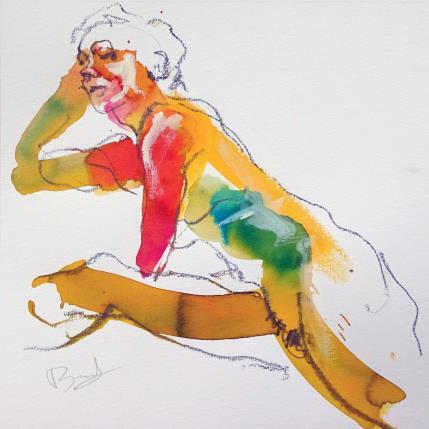 Painting Claire  regard en coin by Brunel Sébastien | Painting Figurative Watercolor Nude