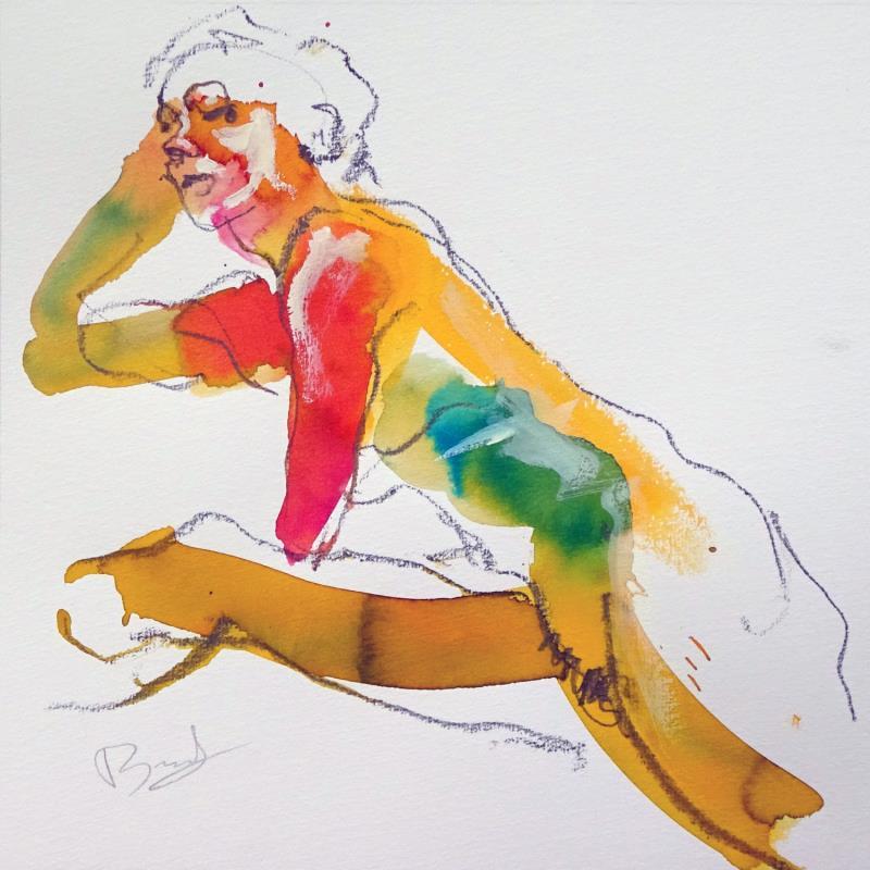 Painting Claire  regard en coin by Brunel Sébastien | Painting Figurative Nude Watercolor