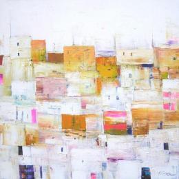 Peinture Village en jaune et rose par Fièvre Véronique | Tableau Figuratif Acrylique Paysages