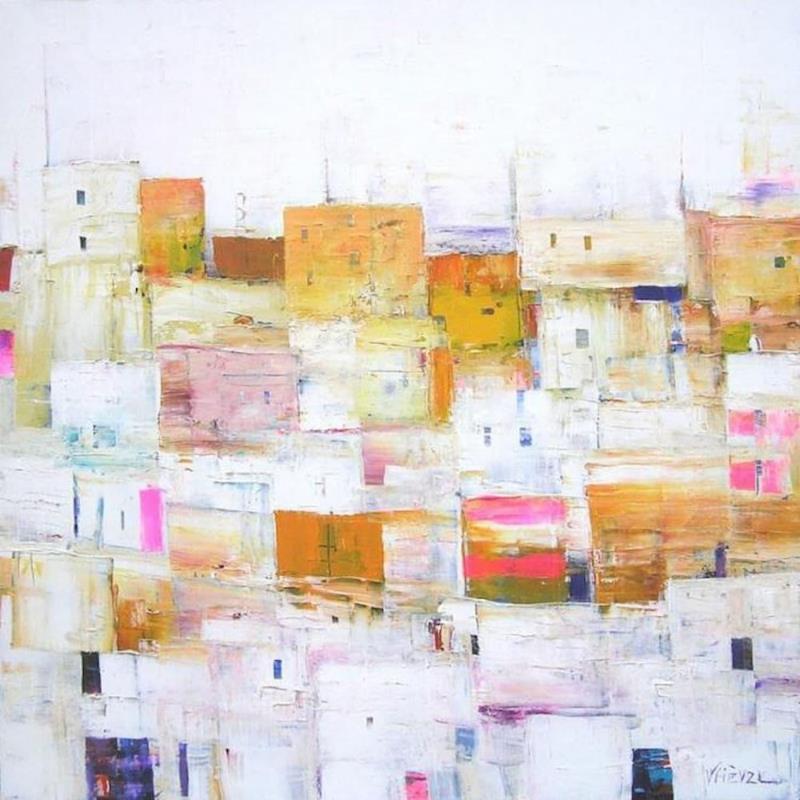 Painting Village en jaune et rose by Fièvre Véronique | Painting Figurative Landscapes Acrylic