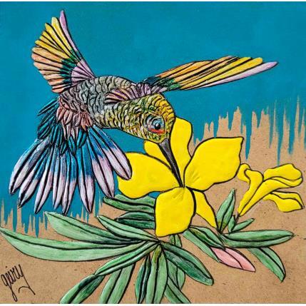 Painting COLIBRI ARC EN CIEL by Geiry | Painting Subject matter Acrylic, Marble powder, Pigments, Silver leaf, Wood Animals, Nature