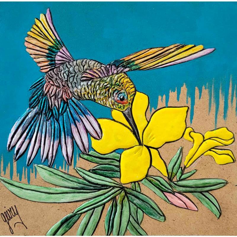 Peinture COLIBRI ARC EN CIEL par Geiry | Tableau Matiérisme Nature Animaux Bois Acrylique Feuille d'argent Pigments Poudre de marbre