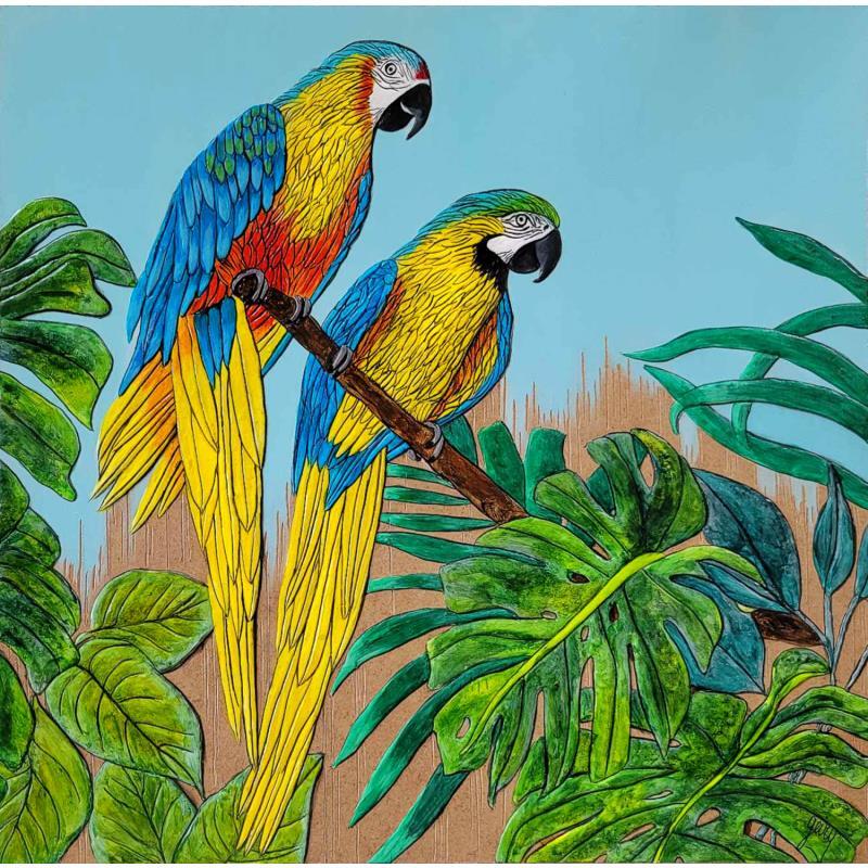 Gemälde GUYANE von Geiry | Gemälde Materialismus Natur Tiere Holz Acryl Pigmente Marmorpulver