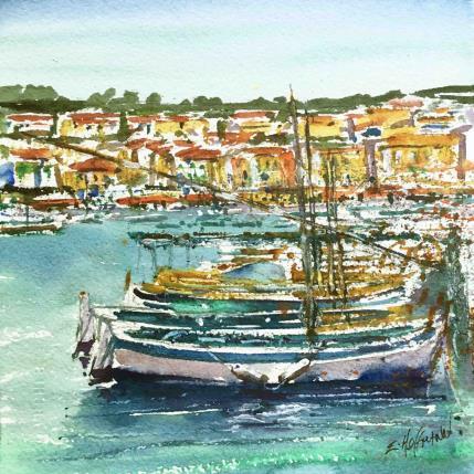 Gemälde Alignés dans le port von Hoffmann Elisabeth | Gemälde Figurativ Aquarell Marine, Pop-Ikonen