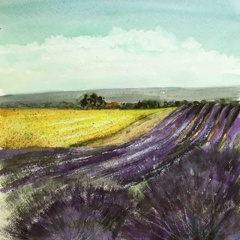 Painting Tournesols et lavandes by Hoffmann Elisabeth | Painting Figurative Landscapes Watercolor