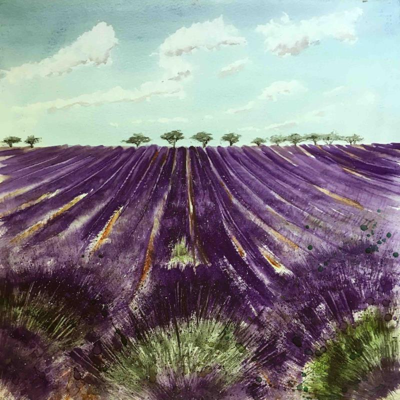 Painting Cultures de lavandes by Hoffmann Elisabeth | Painting Figurative Landscapes Watercolor