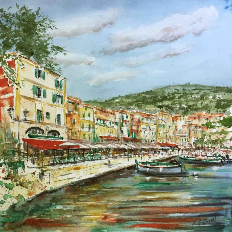 Peinture Les terrasses du port par Hoffmann Elisabeth | Tableau Figuratif Marine Aquarelle