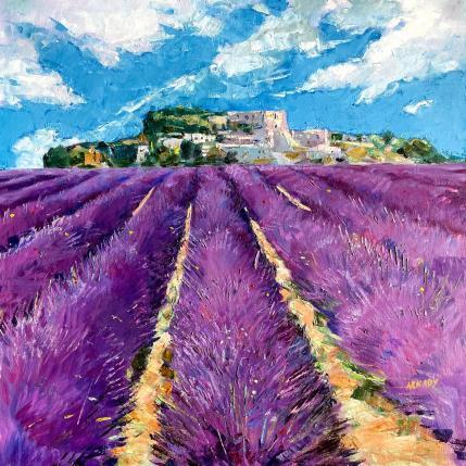 Painting Champ de lavande au pied du village by Arkady | Painting Figurative Oil Landscapes