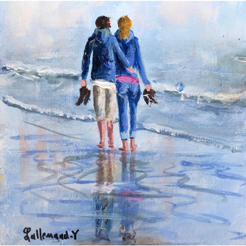 Peinture Amoureux se promenant sur la plage par Lallemand Yves | Tableau Figuratif Marine Scènes de vie Acrylique