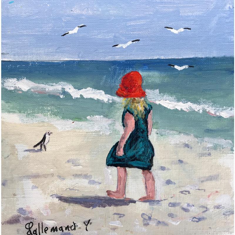 Peinture Petite fille et mouette par Lallemand Yves | Tableau Figuratif Marine Enfant Acrylique