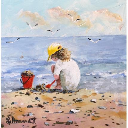 Peinture Petite fille jouant sur le sable 2 par Lallemand Yves | Tableau Figuratif Acrylique Enfant, Marine