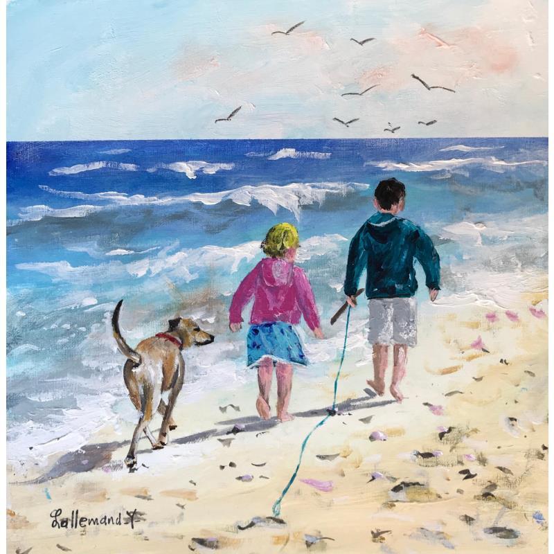 Gemälde Enfants se promenant sur la plage von Lallemand Yves | Gemälde Figurativ Marine Kinder Acryl