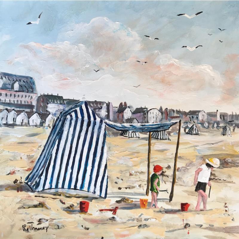 Peinture Cabine de plage par Lallemand Yves | Tableau Figuratif Marine Enfant Acrylique