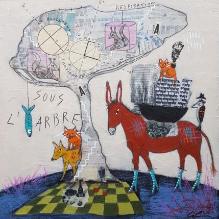 Peinture Sous l'arbre  par Colin Sylvie | Tableau Art Singulier Acrylique, Collage, Pastel Animaux