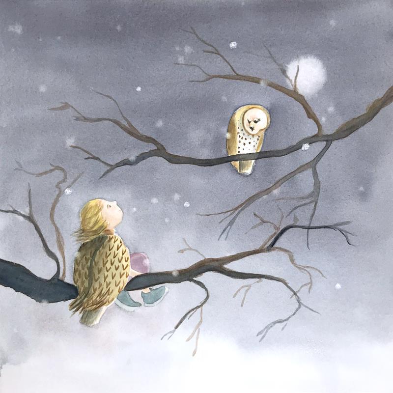 Peinture Lou et la chouette par Marjoline Fleur | Tableau Art naïf Nature Animaux Enfant Aquarelle