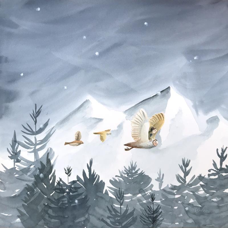 Gemälde Chouette voyage von Marjoline Fleur | Gemälde Naive Kunst Natur Tiere Kinder Aquarell