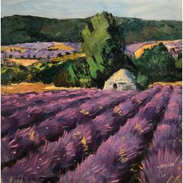 Peinture Borie dans le champs de lavande par Arkady | Tableau Figuratif Huile Paysages