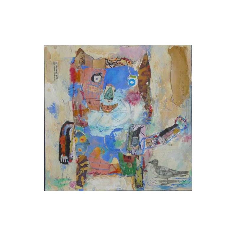 Gemälde Le canard du chat von De Sousa Miguel | Gemälde Art brut Tiere Kinder Acryl Collage Tinte Pastell