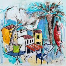 Peinture L' heure de l'apéro par Colombo Cécile | Tableau Figuratif Acrylique, Aquarelle, bois, Collage, Encre, Pastel Paysages, Portraits