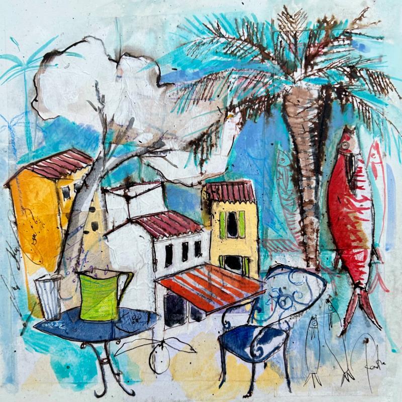 Painting L' heure de l'apéro by Colombo Cécile | Painting Figurative Portrait Landscapes Watercolor Wood Acrylic Gluing Ink Pastel