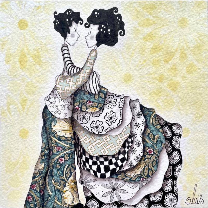 Gemälde Marcelle et Baltazar von Blais Delphine | Gemälde Naive Kunst Alltagsszenen Acryl Collage Tinte