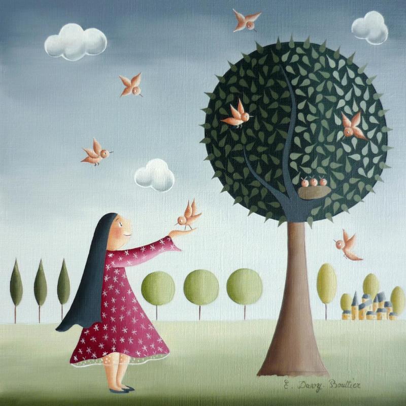 Peinture L'amie des oiseaux par Davy Bouttier Elisabeth | Tableau Art naïf Nature Huile