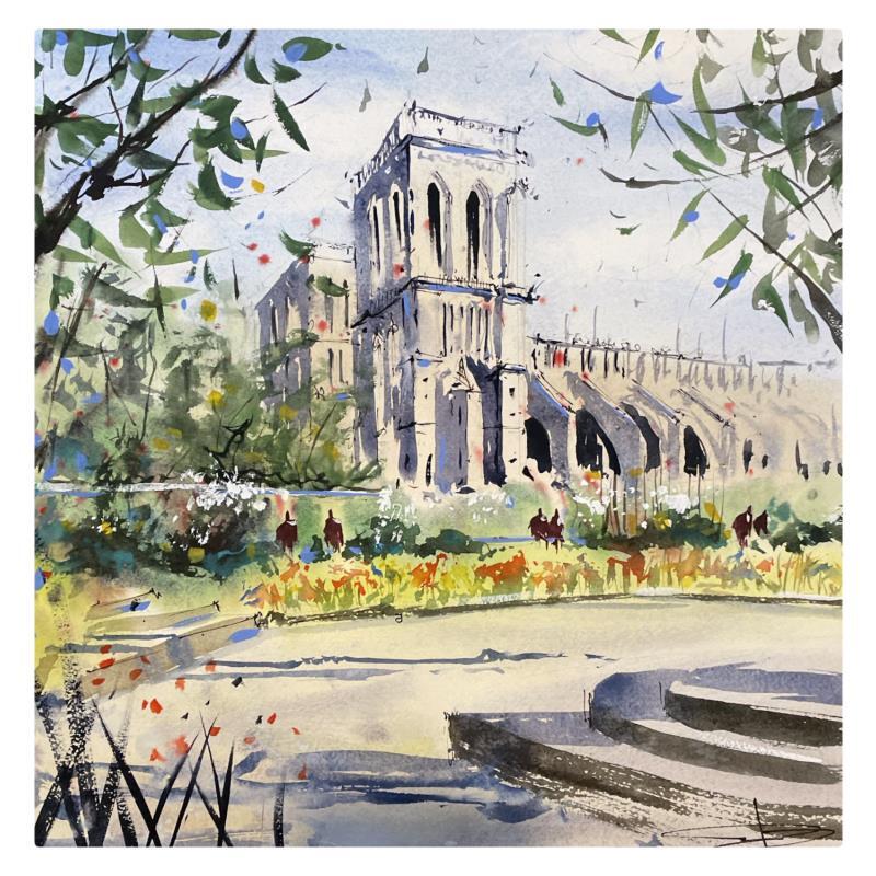 Painting Parc de Notre Dame by Bailly Kévin  | Painting Figurative Urban Architecture Watercolor Ink